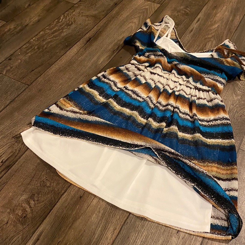 IZ Byer Striped Knee Dress Blue Brown Boho Fit Flare Medium - Picture 3 of 6